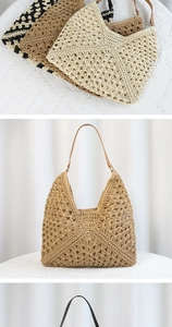 Detail of woven straw tote bags showing delicate hollow patterns and leather handles