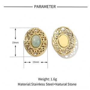 Detail view of 19mm gold stainless steel horn pendant with green natural stone and size specs