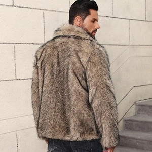 Detail of premium brown-grey gradient faux fur texture on men's short lapel jacket