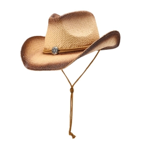 Classic khaki Western cowboy straw hat with gradient brim and sun-motif buckle detail
