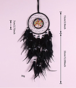 Detailed size specifications for handmade black dream catcher with tree of life and feathers