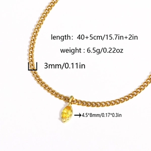 Gold stainless steel marquise-cut yellow zircon pendant necklace with 3mm cuban chain