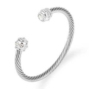 Silver twisted cable stainless steel cuff bracelet with sparkling crystal end caps