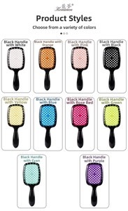 Detail display of hollow hair combs in ten vibrant colors for professional blow drying