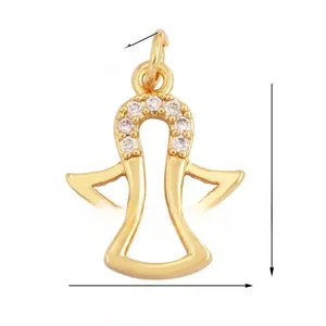 Detailed size specifications for a gold angel pendant with zircon inlays and dimensions
