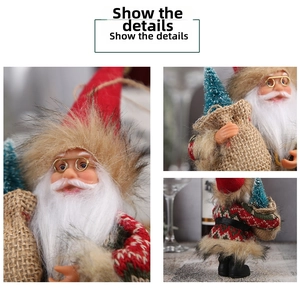 Detail showing Santa plush doll with knitted textures, plush beard and mini Christmas tree
