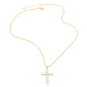 Golden cross necklace with white pearls on a polished chain for elegant women's wear