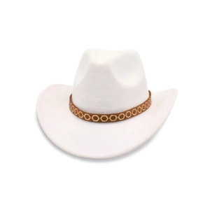 Detailed view of white felt western cowboy hat with a brown hexagonal pattern band