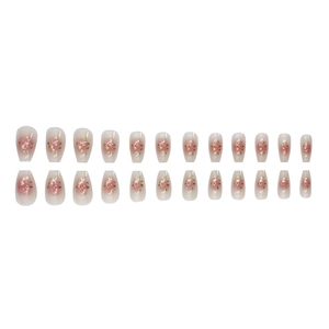 Faux ongles ombrés roses avec feuilles d'or et strass en forme de cercueil moyen