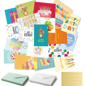 Detailed set of 3D pop-up birthday cards with matching envelopes and round stickers
