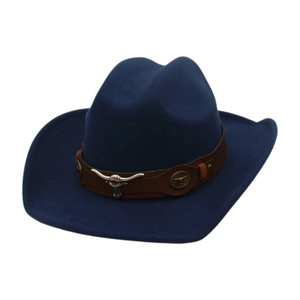 Classic dark blue western cowboy hat with brown leather band and metal bull head emblem