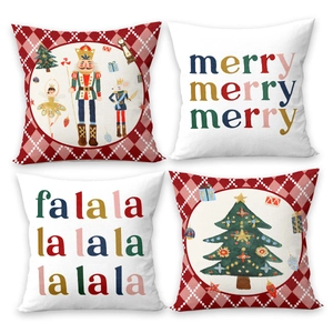 Set of four Christmas nutcracker and holiday text throw pillow covers for sofa decor
