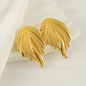 Vintage Woven Wheat Stud Earrings 18K Gold Plated Stainless Steel Irregular Leaf Feather Texture For Women