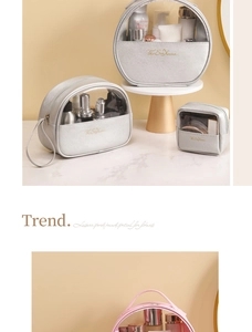 Three-piece silver and pink PU leather travel makeup bag set with clear PVC windows