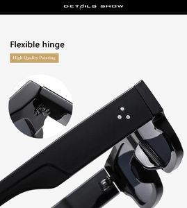 Détail des charnières flexibles et des rivets sur les lunettes de soleil carrées noires