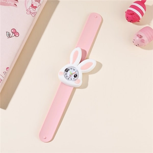 Pink cartoon rabbit slap watch with soft silicone band and white dial for children