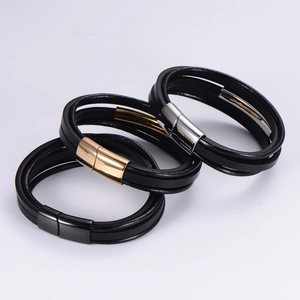 Multi-layer black PU leather bracelets with gold, silver and black magnetic metal clasps