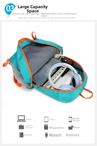 Internal view of blue foldable hiking backpack showing large capacity for laptops and gear