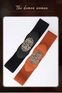 Detailed view of elastic waist belts with vintage bronze hollow carved buckles in black and brown