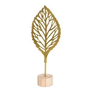 Nordic gold ginkgo leaf metal ornament with wooden base for luxury home decor