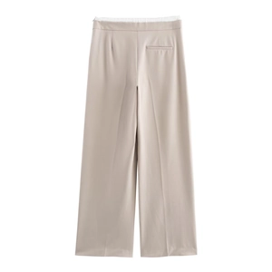 Elegant beige high-waist wide-leg trousers for women with a smooth drape and clean tailoring