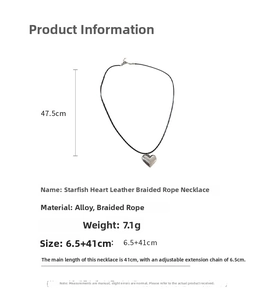 Detail showing the adjustable black braided cord and silver heart pendant necklace