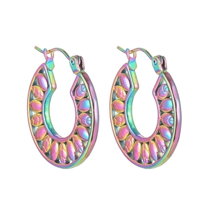 Rainbow stainless steel leaf hoop earrings with colorful gradient finish for women