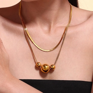 Necklace For Women Stainless Steel French Style Layered Snake Chain Lucky Beads Pendant Waterproof Non-Tarnish Jewelry