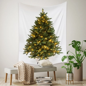 Detail of a white Christmas tree tapestry hanging on a wall with warm yellow printed lights