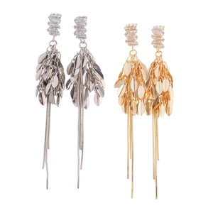 Vintage zircon leaf tassel earrings in gold and silver metal finishes for women