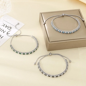 Adjustable silver stainless steel bracelets with colorful cubic zirconia in three variants