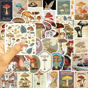 Detail of vintage mushroom stickers showing high-quality printing and waterproof PVC texture