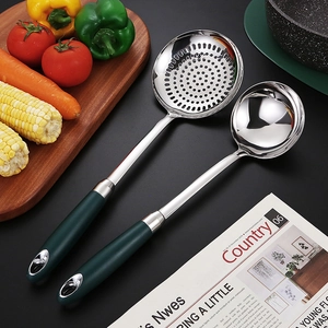 Modern stainless steel soup ladle and skimmer set with elegant dark green handles