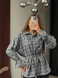 Retro grey plaid long sleeve shirt for women with adjustable drawstring waist and lapel