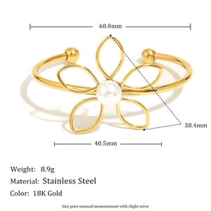 Elegant 18K gold plated stainless steel flower cuff bracelet with a central white pearl