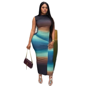 Sleeveless gradient bodycon maxi dress with high neck and side ruching detail