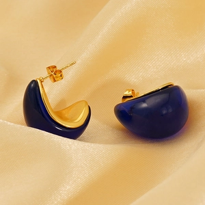 Elegant 18K gold-plated titanium steel earrings with dark blue resin semi-hoop design