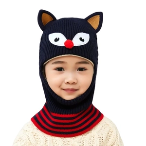 Kids navy blue knit balaclava with cat ears and warm fleece lining for winter comfort