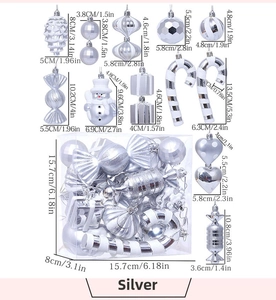Detailed silver Christmas ornament set with snowman, candy, and ball shapes for tree decor