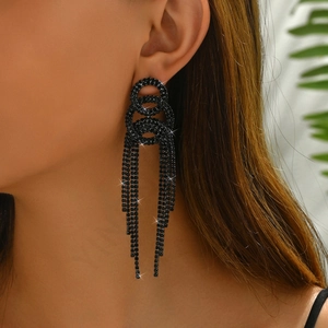 European American Exaggerated Long Tassel Earrings Gold Black Silver Copper Zirconia Geometric Dangle Earrings For Women