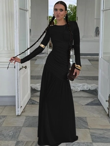 Elegantes schwarzes Langarm-Maxikleid mit Falten und schmaler Passform für Damen