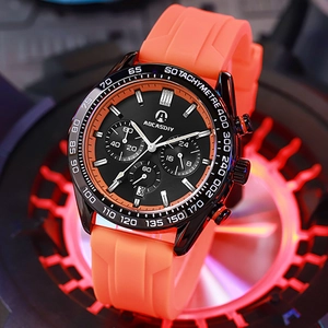 Fashionable sports chronograph watch with orange silicone strap and black tachymeter dial