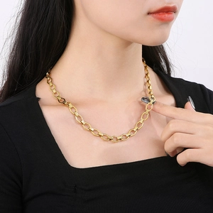 Golden stainless steel hexagonal link chain necklace with auspicious cloud pattern