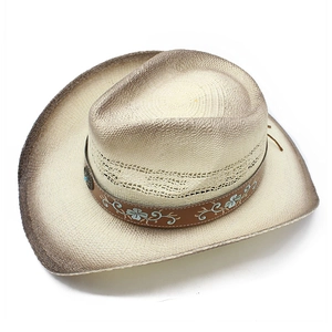 Ethnic western panama cowboy hat with woven texture and embroidered leather band