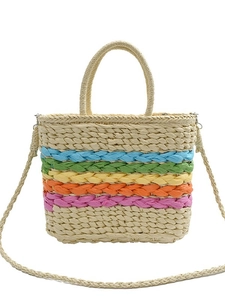 Rainbow striped straw tote bag with colorful handles for summer beach vacations