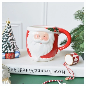 Detailed view of 3D Santa Claus ceramic mug with festive holiday decorations