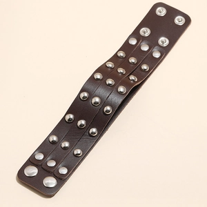 Men's punk brown leather bracelet with two rows of silver rivets and snap button closure