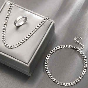 Minimalist silver stainless steel jewelry set including Cuban chains and a sleek ring