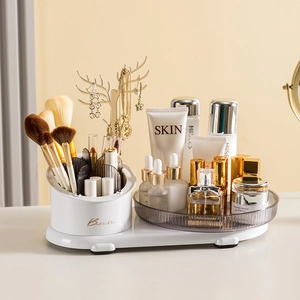 Rotating Makeup Organizer Box With Jewelry Tree Acrylic Plastic Cosmetic Storage Rack For Vanity Desktop Lipsticks Brushes