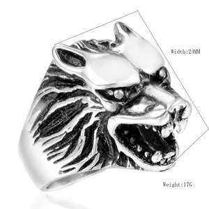 Bague tête de loup vintage en acier inoxydable pour homme, largeur 24mm et 17g